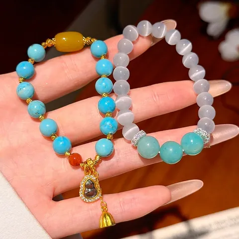 Vintage Ethnic Style Turquoise Resin Beaded Bracelet With 24k Gold Plated Hulu Pendant Zirconia Inlaid Fashion Jewelry