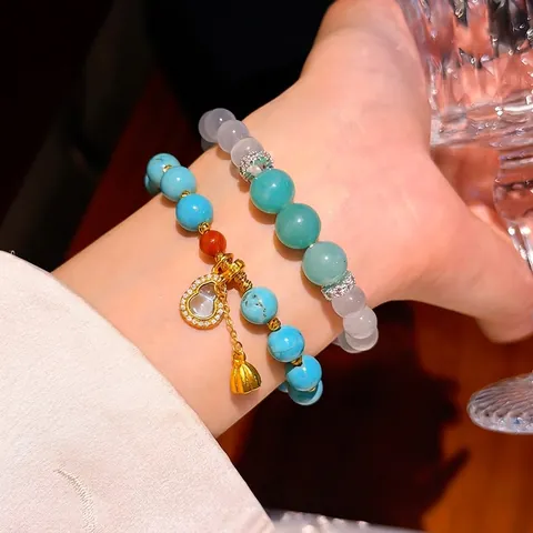 Vintage Ethnic Style Turquoise Resin Beaded Bracelet With 24k Gold Plated Hulu Pendant Zirconia Inlaid Fashion Jewelry