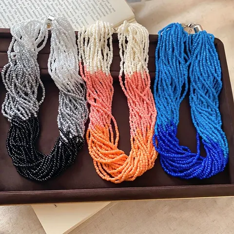 Handmade Multilayer Glass Seed Bead Choker Necklace For Women Bohemian Layered Strand Chain Necklace Alloy Clasp Geometric Jewelry Gift