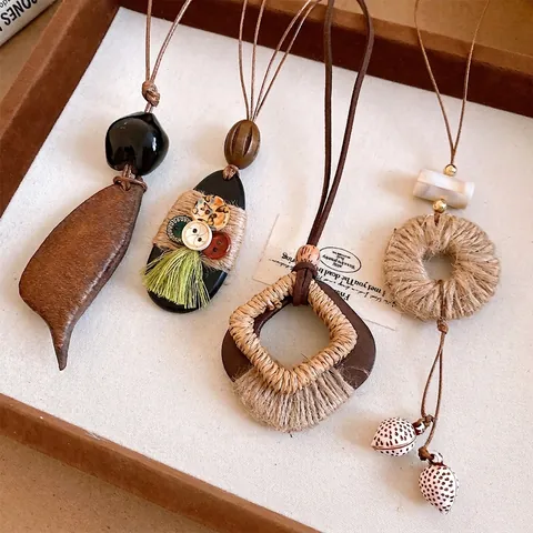 Vintage Boheemse Houten Hanger Ketting Leren Koord Hennep Touw Geweven Kwastje Knoop Etnische Lange Trui Ketting Voor Vrouwen Sieraden