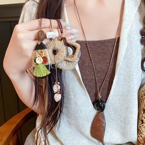 Vintage Boheemse Houten Hanger Ketting Leren Koord Hennep Touw Geweven Kwastje Knoop Etnische Lange Trui Ketting Voor Vrouwen Sieraden