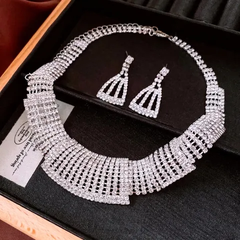 Elegant Copper Rhinestone Trapezoid Necklace Stud Earrings Set Women Silver Post Adjustable Fashion Luxury Prom Jewelry