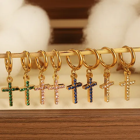 Stainless Steel 18K Gold Plated Cross Dangle Earrings For Women Fashion Zirconia Inlaid Hoop Earrings Niche Jewelry