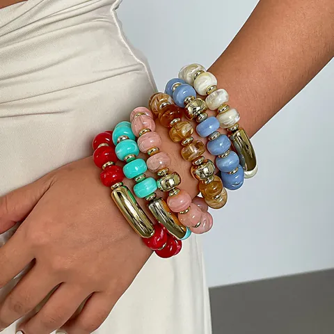 Vintage Acryl Perlen Elastisches Armband Für Damen Bunte Runde Perlen Handkette Böhmischen Dopamin Stil Schmuck