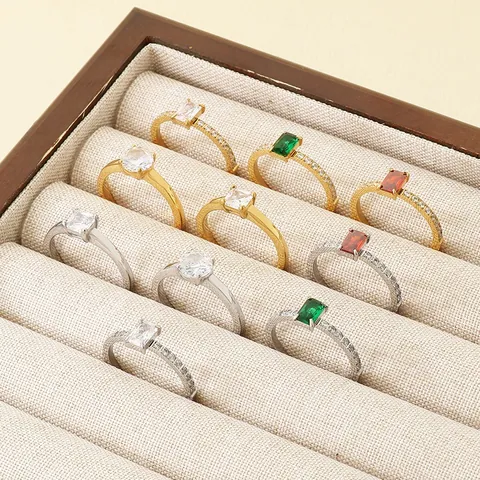 Minimalist Stainless Steel Rhinestone Ring For Women Gold Silver Plated Square Round Emerald Cut Inlaid Band Finger Ring