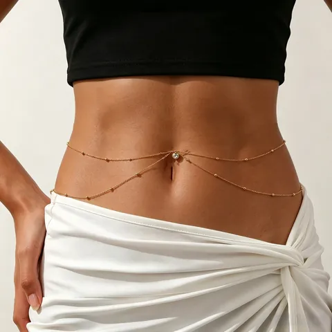 Sexy Gold Plated Titanium Steel Waist Chain For Women Minimalist Stainless Steel Double Layer Body Chain Rhinestone Bead Belly Chain Accessory