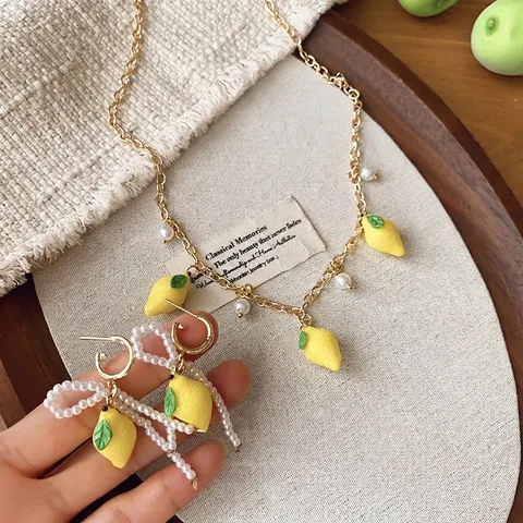 Sweet Lemon Artificial Pearl Jewelry Set Resin Fruit Pendant Necklace Silver Earring Post Tassel Stud Earrings For Women