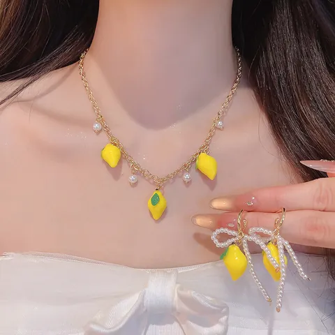 Sweet Lemon Artificial Pearl Jewelry Set Resin Fruit Pendant Necklace Silver Earring Post Tassel Stud Earrings For Women