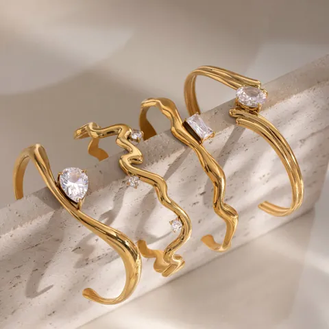 18K Gold Plated Stainless Steel Zirconia Open Cuff Bangle For Women Irregular Stacking Waterproof Hypoallergenic Jewelry