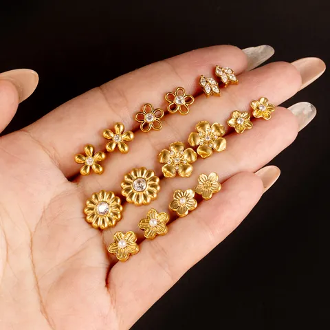 Orecchini a Bottone in Acciaio Inossidabile 304 Oro Argento a Forma di Fiore con Strass per Donna Gioielli di Moda Semplici