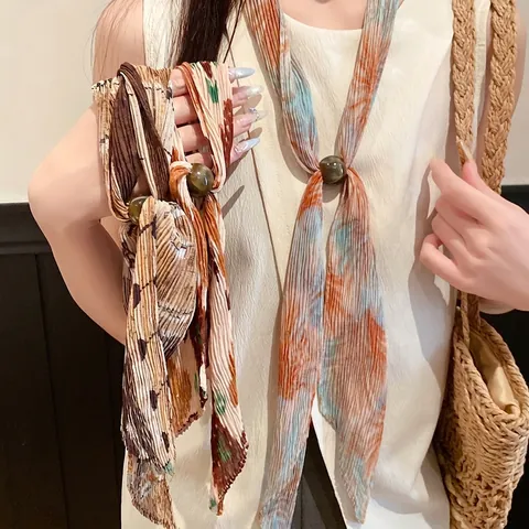 Koreanischer Stil Plissee Druck Krawatte Halskette Für Damen Retro Chiffon Schal Kette Mit Harzperle Mode Pullover Kette Schmuck