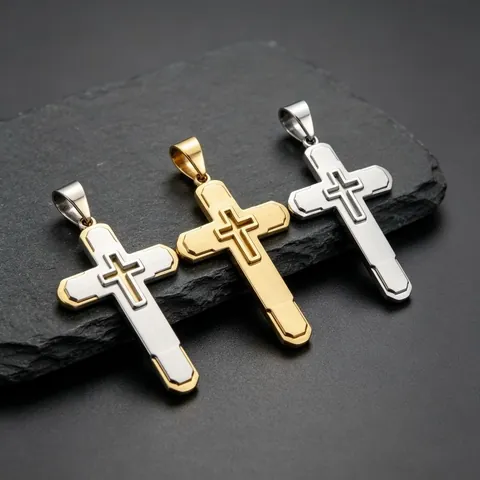 Herren Hip Hop Kreuz Anhänger Edelstahl Mehrlagig Vintage Gebürstetes Metall Religiöse Kette Nur Anhänger Ohne Kette Gold Silber Rock Schmuck