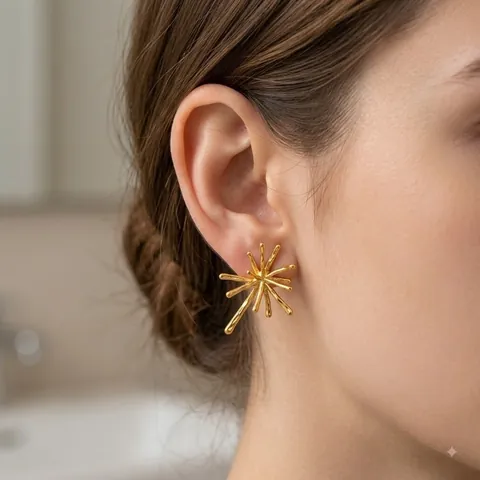 Pendientes de Botón de Fuegos Artificiales de Acero Inoxidable de Nicho para Mujer Chapado en Oro de Dieciocho Quilates Joyería Geométrica