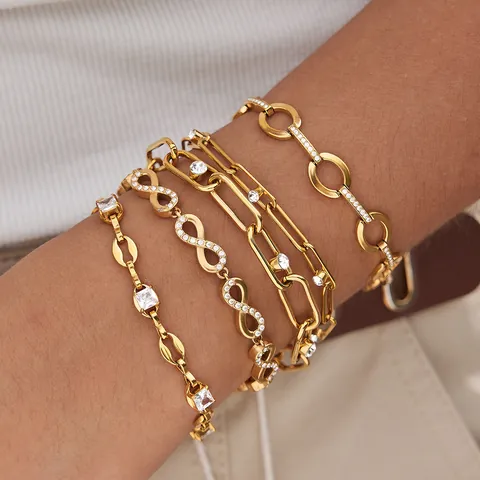 Bracciale in Strass in Acciaio Inossidabile Placcato Oro per Donna Lusso Geometrico Infinito Catena a Graffetta Gioielli Regalo