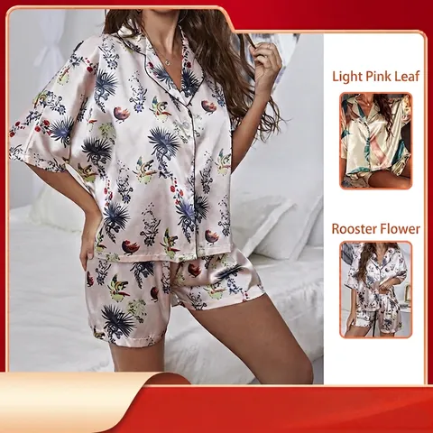 Ensemble Pyjama Femmes Col en V Manches Courtes Top And Bottom Imprimé Satin Vêtements de Nuit Doux et Confortable