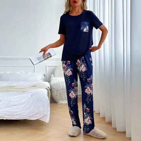 Women Casual Polyester Pajamas Floral Printed Short Sleeve Top And Long Pants Sleepwear Four Seasons Home Service Wear Suit