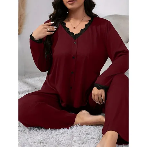 Ensemble Loungewear Grande Taille avec Bordure en Dentelle Haut et Bas Col en V Manches Longues Pyjama Boutonné Vêtements de Nuit
