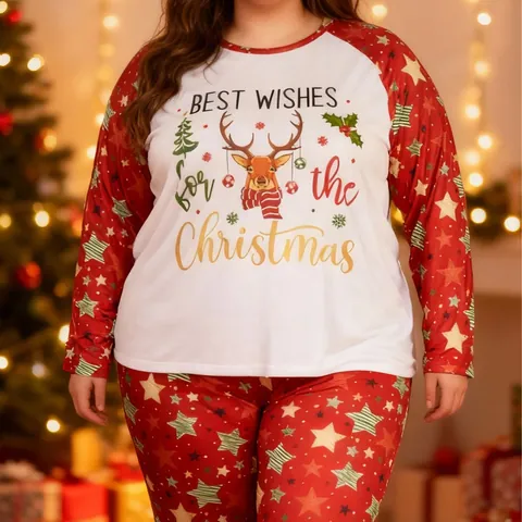 Women Plus Size Christmas Pajamas Set Reindeer Star Printed Long Sleeve Top And Bottom Festive Sleepwear Polyester Home Wear