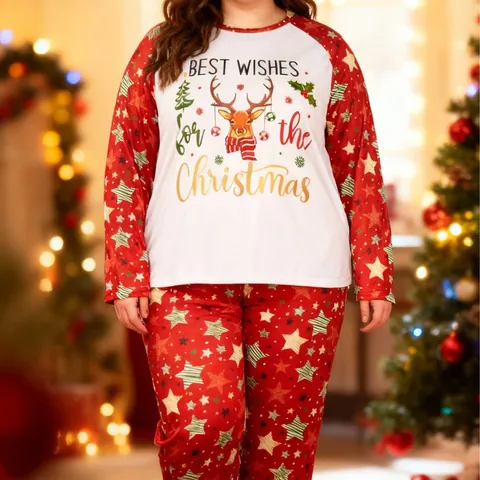 Women Plus Size Christmas Pajamas Set Reindeer Star Printed Long Sleeve Top And Bottom Festive Sleepwear Polyester Home Wear