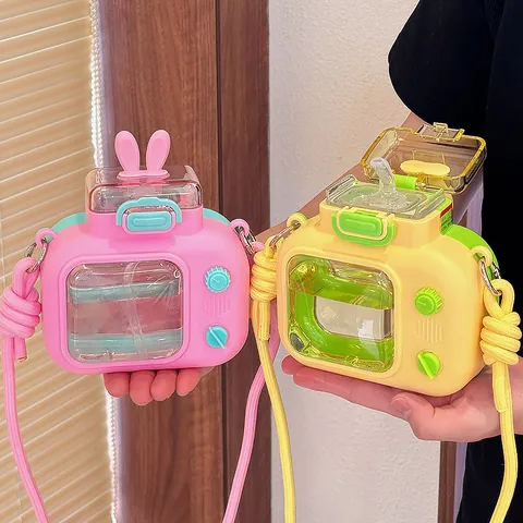 Children's Creative Camera Shape Plastic Water Bottle With Straw Rabbit Ears Portable Crossbody Strap 600ml Leakproof Cup