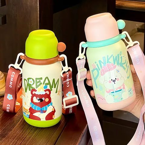 Cute Childrens Stainless Steel Vacuum Insulated Water Bottle With Portable Shoulder Strap Cartoon Pattern School Student Outdoor Travel Kettle
