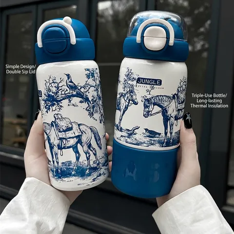 Stainless Steel Vacuum Insulated Water Bottle Portable Travel Mug Toile de Jouy French Style Horse Forest Print Flask for School Office
