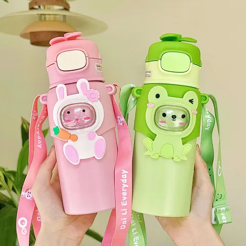 Cartoon Tier Kinder Isoliert Strohhalm Becher Tragbare Crossbody Edelstahl Wasserflasche Mit Propeller Deckel Für Studenten Schule Outdoor