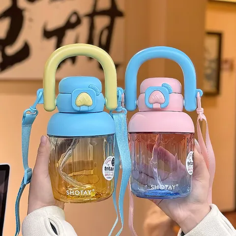 Bouteille d'Eau en Tritan Dégradé de Couleur Grande Capacité Sports de Plein Air Gobelet à Paille Avec Bandoulière Portable