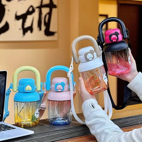 Bouteille d'Eau en Tritan Dégradé de Couleur Grande Capacité Sports de Plein Air Gobelet à Paille Avec Bandoulière Portable