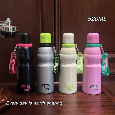 Sports Stainless Steel Vacuum Flask 520ml Large Capacity Portable Water Bottle With Silicone Strap And Carabiner For Fitness Outdoor