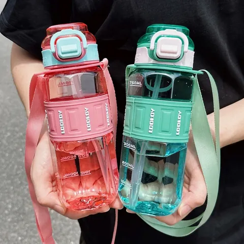 Sports Water Bottle With Straw And Crossbody Strap Rhombus Texture PC Plastic Cup For Outdoor Fitness Gym Leakproof Travel Drinking Bottle