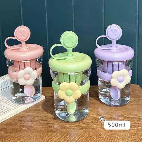 Portable Plastic Straw Cup With Tea Infuser Filter Flower Decoration Office Summer Fruit Tea Bottle For Women Girls