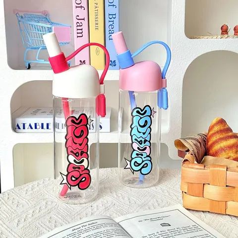 High Borosilicate Glass Water Bottle Large Capacity Heat Resistant Graffiti Letters Trendy Bottle With Straw And Portable Handle Lanyard