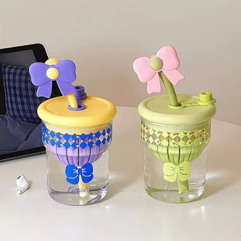 Süßer Glaswasserbecher Mit Schleife Hitzebeständige Borosilikatglasflasche Mit Strohhalm INS Stil Blumenmuster Trinkbecher Für Damen