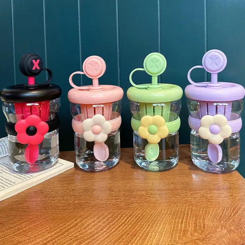 Portable Plastic Straw Cup With Tea Infuser Filter Flower Decoration Office Summer Fruit Tea Bottle For Women Girls