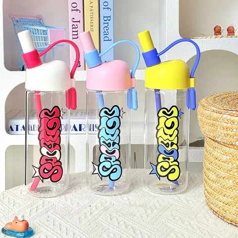 High Borosilicate Glass Water Bottle Large Capacity Heat Resistant Graffiti Letters Trendy Bottle With Straw And Portable Handle Lanyard