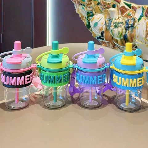 Trendy Portable Plastic Water Cup With Straw And Adjustable Strap High Appearance Fashion Dual Drinking Bottle For Outdoor Students Travel