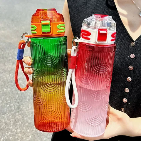 Trendy Wavy Texture Sports Water Bottle Gradient Color Leak-proof Portable Drinking Cup With Handle For Gym Outdoor Daily