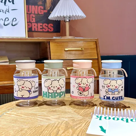 Cute Puppy Pattern Plastic Water Cup With Portable Leather Sleeve Heat Resistant Direct Drinking Tea Infuser Bottle For Women