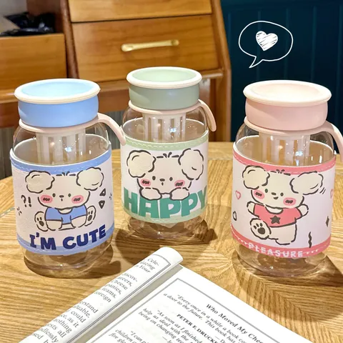 Cute Puppy Pattern Plastic Water Cup With Portable Leather Sleeve Heat Resistant Direct Drinking Tea Infuser Bottle For Women