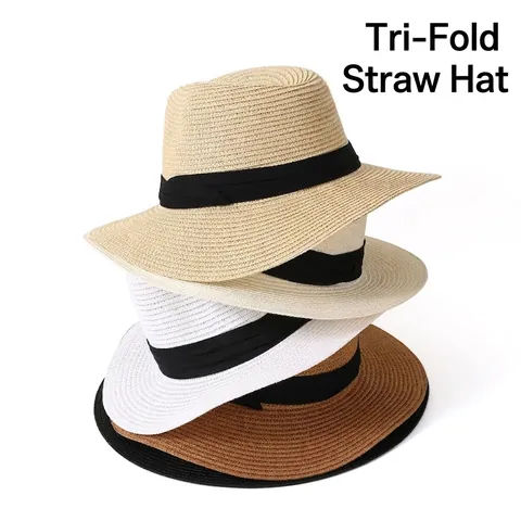 Handwoven Panama Straw Hat Summer Wide Brim Sun Protection Beach Fedora Breathable Paper Straw Vacation Hat For Women Men