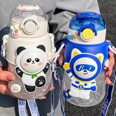 Cute Cartoon Panda Unicorn Childrens Plastic Water Bottle With Straw And Portable Strap Leakproof Heat Resistant Cup For Kids