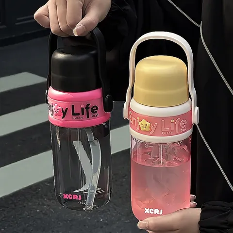 Large Capacity Plastic Water Bottle With Straw Portable Handle PC Material Tumbler For Women Student Outdoor Sports Gym Cup