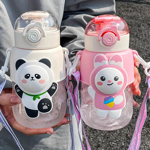 Cute Cartoon Panda Unicorn Childrens Plastic Water Bottle With Straw And Portable Strap Leakproof Heat Resistant Cup For Kids