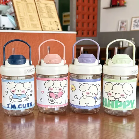 Mignonne Bouteille d'Eau en Plastique Double Boisson Dessin Animé Avec Étui en Cuir Gobelet Portable Paille Pour Filles Étudiants