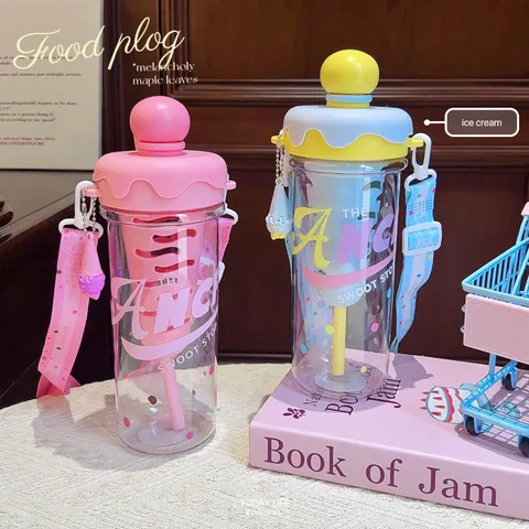 Ice Cream Creative Straw Cup PC Plastic Water Bottle With Adjustable Crossbody Strap Tea Filter For Student Outdoor Travel Korean Style High Aesthetic Bottle