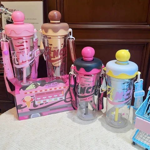 Ice Cream Creative Straw Cup PC Plastic Water Bottle With Adjustable Crossbody Strap Tea Filter For Student Outdoor Travel Korean Style High Aesthetic Bottle
