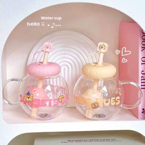 Cute Chubby Glass Water Cup With Handle High Borosilicate Heat Resistant Drinking Mug With Straw And Tea Filter Cartoon Bear Print Glass Cup For Office Home Girls Gift