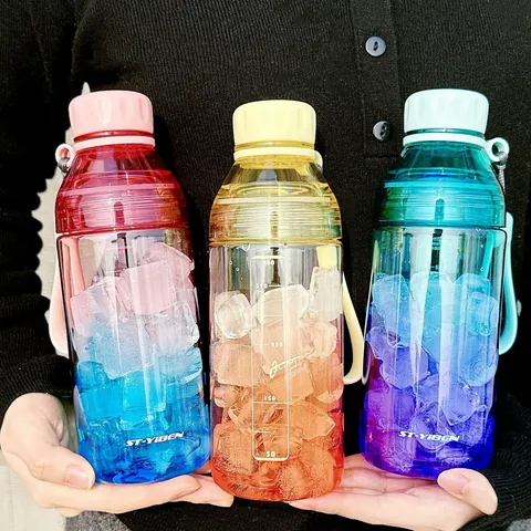 Gradient Plastic Water Bottle With Filter Portable Carrying Strap Leakproof Space Cup For Students Outdoor Sports Daily Drinkware