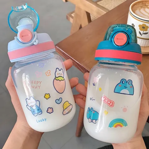 Portable Borosilicate Glass Water Bottle For Kids Girls Cute Cartoon Rabbit Frog Pattern Bounce Lid 400ml School Sports Cup